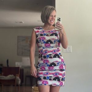 Milly Silk Cap Sleeve Colorful Art Dress Pink Black Blue Zipper Lined Sz 10